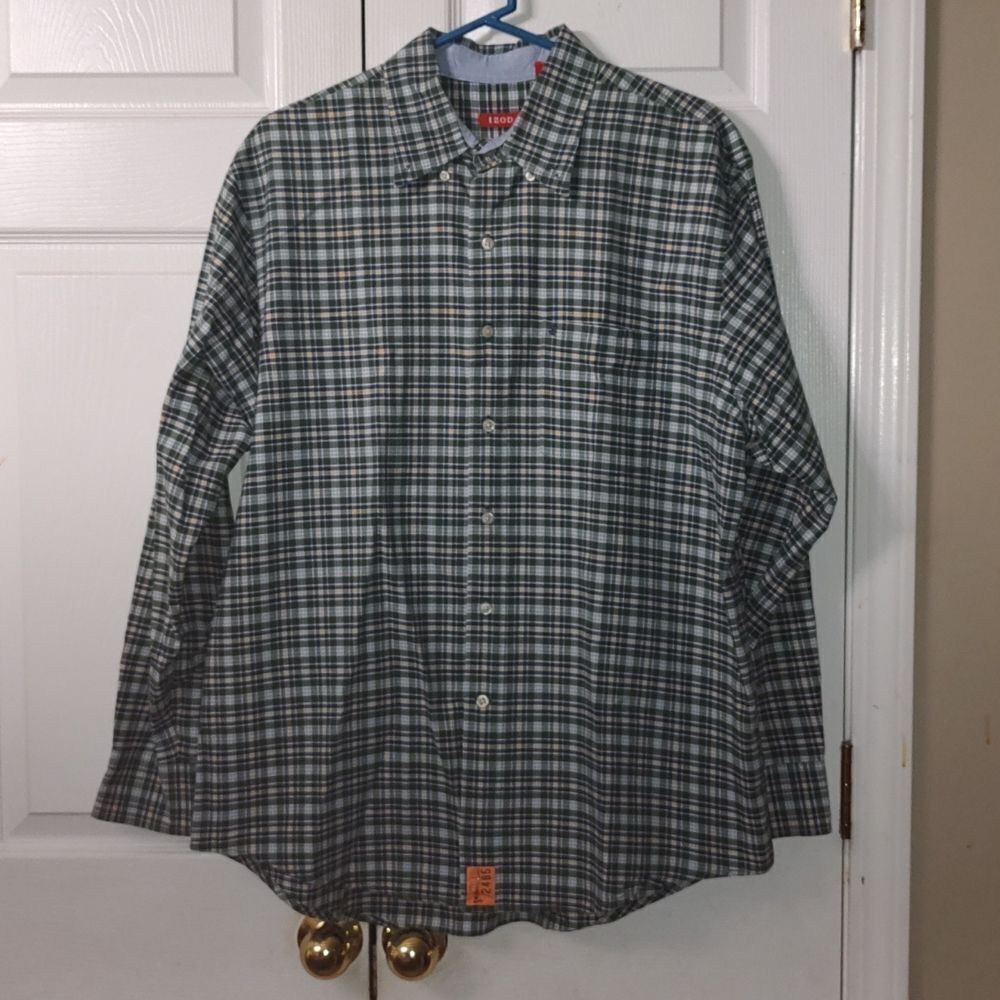 Izod green blue plaid button down shirt  Sz L